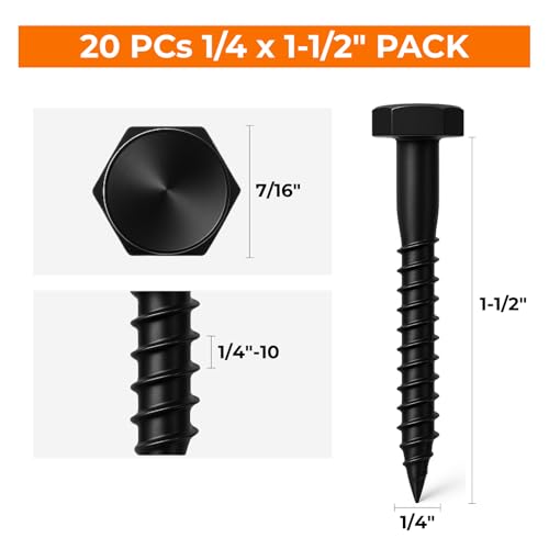 1/4 x 1-1/2 Black Lag Bolts, 20 PCs Dacromet-Coated 304 Stainless Wood Lag Screws for Light Outdoor Framing, SS Hex Head - color: Black, size: 1/4 x 1-1/2"