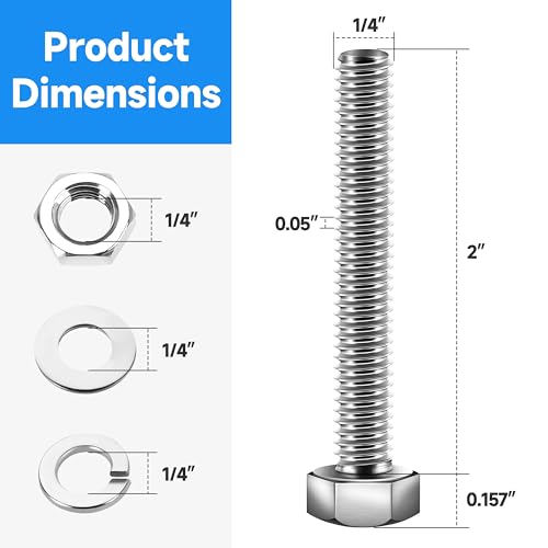 (12 Sets) 1/4-20 x 2 Hex Head Screws Bolts and Nuts Kit with 1/4-20 Bolt, 1/4-20 Nuts, Flat & Lock Washers, Fully Threaded, 1/4 20 Stainless Steel Bolts, Bright Finish by Marysino - color: (Silver)-1/4, size: 2"