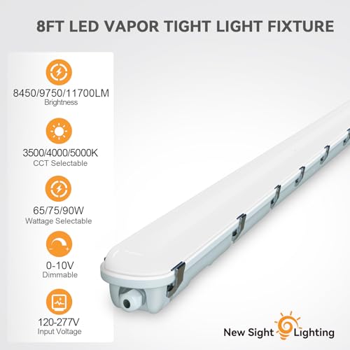 8FT LED Vapor Tight Light, 3500K/4000K/5000K Adjustable, 8450/9750/11700LM, 120-277V, 0-10V Dimmable, Vapor Proof Fixture for Car Wash, Garage, Warehouse, UL Listed, 4Pack - color: 4PK, size: 8FT