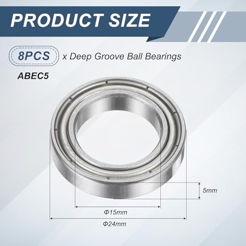 uxcell 8Pcs 6802ZZ 15mmx24mmx5mm Deep Groove Ball Bearings ABEC5 - size: 6802ZZ 15mmx24mmx5mm