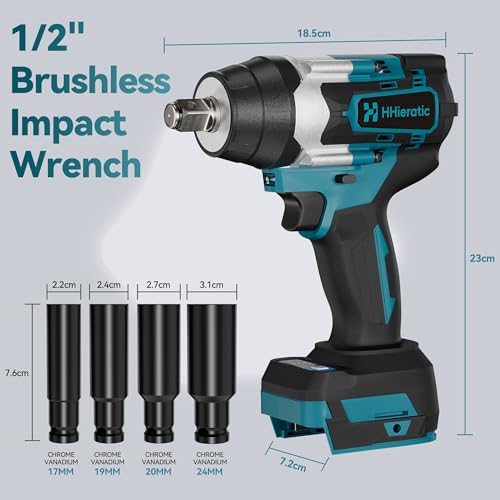 1/2" Cordless Impact Wrench Compatible with Makita 18V Battery,516 Ft-lbs 700N.m Brushless High Torque Impact Gun,Bare Tool with 4PCS Sockets 17/19/20/24mm for Tire Change,Auto Repair