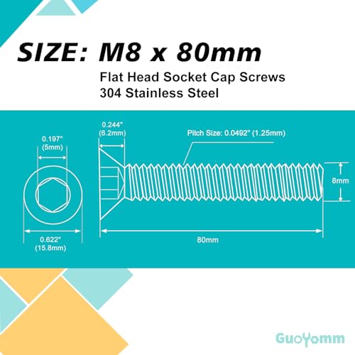 M8-1.25 x 80 mm 10PCS Flat Head Hex Socket Cap Screws, Countersunk Bolts, Stainless Steel 304, Metric Allen Drive, Fully Threaded, Bright Finish - size: M8 x 80 mm(10PCS)