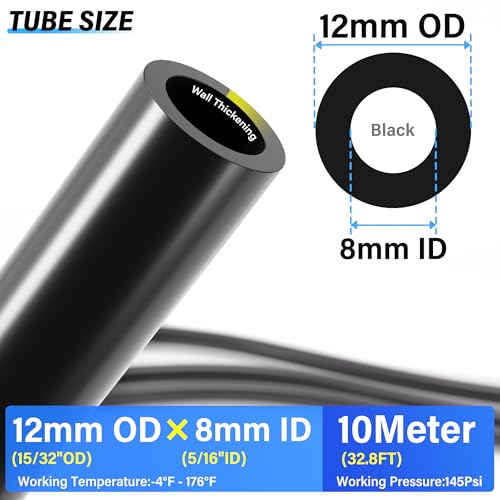 TAILONZ PNEUMATIC Black 12MM Inch OD 10 Meter 32.8ft PU Polyurethane Air Tubing Kit Pipe Hose Air Line Tubing Air Hose Fittings Push to Connect Fittings(31PCS) - color: Black, size: 15/32" OD - 32.8 FT