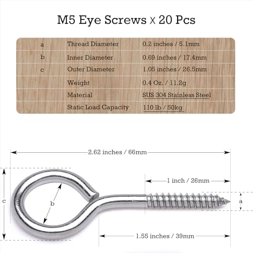 20 pcs 1/5'' x 2.5'' Screw Eye Hooks, 304 Stainless Steel Eyelets, M5 - size: M5-2.5'', 20Pcs