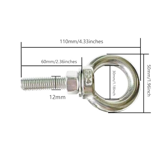 Heavy Duty Eye Bolt, 2 PCS M12 304 Stainless Steel Eye Bolt Heavy Duty Lifting Ring 2.36" Threaded Eyebolt Shoulder Eye Bolts with Nuts and Flat Washers(Thread Length 60mm) - size: m12x60(2pcs)