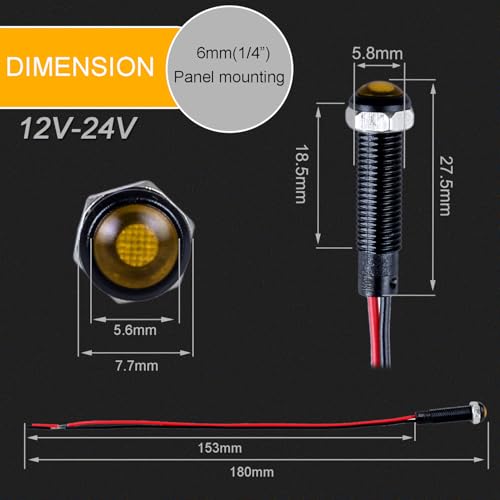 5pcs 6mm LED Indicator Light Plastic Black Signal Dot Lamp 12V-24V 1/4" Mounting Hole Size with 15cm/5.9in. Wire (Yellow LED) - color: Yellow, size: 6mm 12-24V