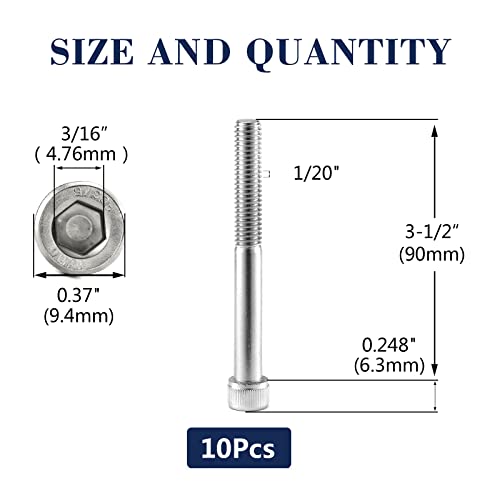 1/4-20 x 3-1/2" Socket Head Cap Screws Bolts, 10Pcs 304 Stainless Steel 18-8, Allen Socket Hex Drive, Partially Threaded, Bright Finish by SG TZH(with Hex Spanner)