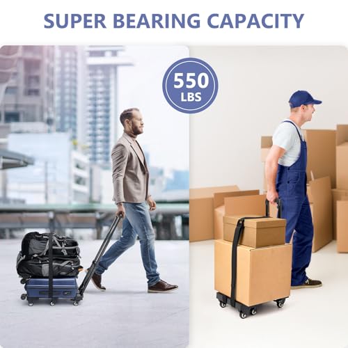 KEDSUM 550 LBS Folding Hand Truck with 6 Wheels(2 with Brake), Collapsible Dolly Cart with Wheels, Thickened Upgraded Steel Trolley Cart for Easy Moving, No-Assembly, with 1 Lashing Straps