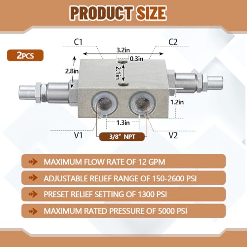 Threlaco 2 Pcs 3/8” NPT Dual Crossover Hydraulic Pressure Relief Valve - size: 3/8”
