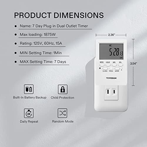 VIVOSUN Digital Timer Outlet 7 Day Programmable Digital Outlet Timer with 2 Independent Outlets 3 Prong, 20 on/Off Programs Groups, Countdown Setting, Indoor for Light Lamp, Fan(1Pack)