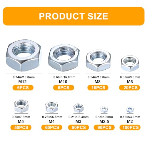 Metric Hex Nuts Assortment Kit, 430 Pcs Stainless Steel Hex Nuts Set, Hex Hardware Nuts, Coarse Thread Hexagon Nuts for Screw Bolts, M2 M2.5 M3 M4 M5 M6 M8 M10 M12