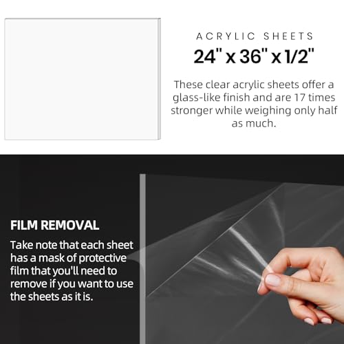 CALPALMY (2 Pack) 1/2" Thick Clear Acrylic Sheets 24" x 36", Pre-Cut Plexiglass Sheets for Craft Projects, Acrylic Signs, Display Cases or Shelving and More - Easy to Cut with Power Saw etc - color: Clear, size: 24x36", 1/2" Thick