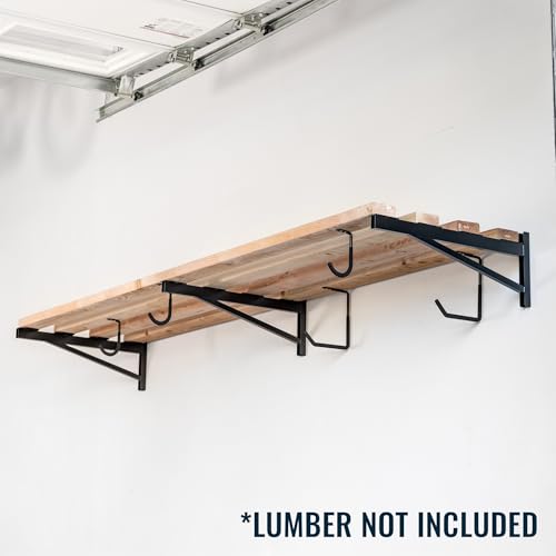 StoreYourBoard 24 Inch Heavy Duty Shelf Brackets, Set of 3 for 2' x 8' DIY Garage Wall Shelf, Holds 450 lbs, Solid Steel, Includes 5 Hooks for Hanging Storage, 23.75" x 1" x 9.5" 3-Pack - size: 2' x 8'