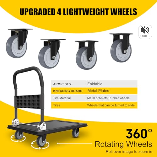WUD Push Cart, Folding Mobile Platform Trolley,Thickened and Reinforced, 360° Swivel Wheels,35.4 “L x 23.6 ”W, 1100 lb. Black Dolly cart with Wheels (Black, Large) - color: Black, size: Large