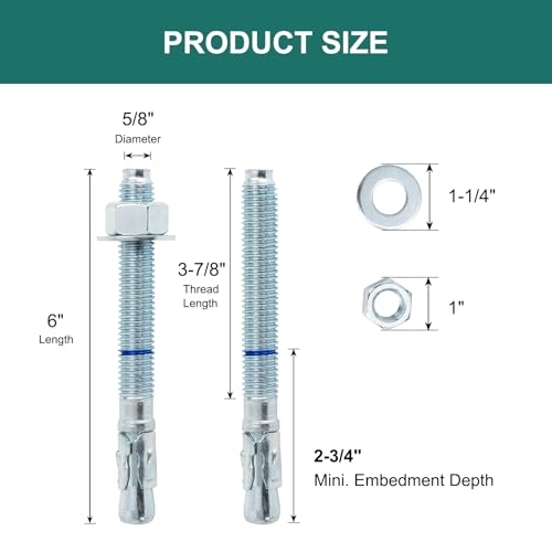 5/8" x 6" Concrete Anchors (25 Pack) 5/8 inch Wedge Anchors Bolts Zinc Plated - size: 5/8"x6"