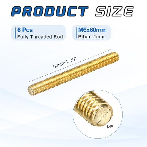 MECCANIXITY 6Pack M6x60mm Fully Threaded Rod Brass Right Hand All Thread - size: M6x60mm