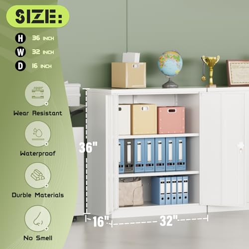 Oakcloud Oakmont Metal Storage Cabinet for Tool Organization, 36" Lockable Garage Storage Cabinets with 2 Doors and 4 Adjustable Shelves, Locking File Cabinet for Office, Home, School (36”-White) - color: White, size: 36" H x 32" W x 16" D
