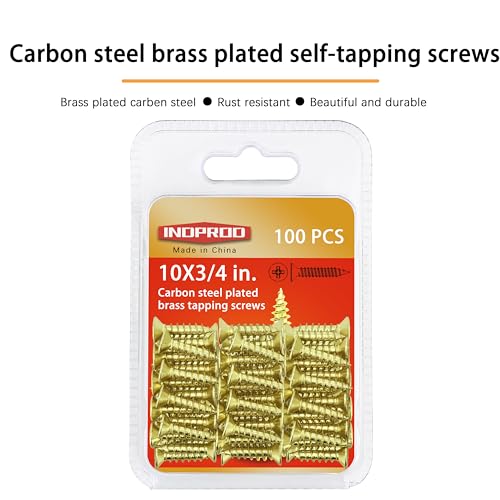 #10 x 3/4" Wood Screw, Phillips Flat Head Self Tapping Screws, Brass Plated Carbon Steel, Brass Plated Screws for Wood, Wood Screws #10 X 3/4 Inch, 100Pcs - size: #10 × 3/4"