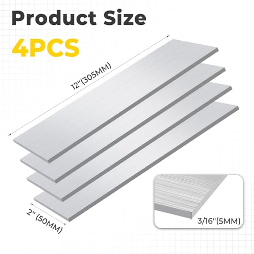4PCS 6061 Aluminum Flat Bar 3/16" x 2" x 12"(T x W x L) - size: 3/16" x 2" x 12"