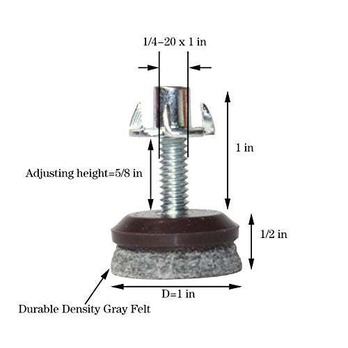 HUAYY 24 Pack Adjustable Furniture Leveling Feet, 1/4-20 Threaded Stem, Integrated Felt Pads for Hardwood Floors, Fit Table Chair Cabinet Sofa Legs, Brown Base with Gray Felt - size: 1 in(24 Pack)