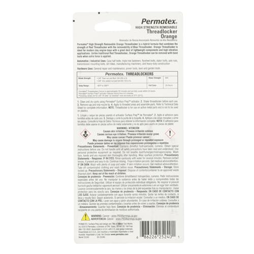 Permatex 25240 High Strength Removable Threadlocker Orange Liquid, 36 ml - size: 36 ml, style: Liquid - High Strength
