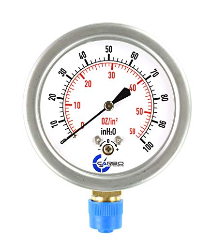 Diaphragm Low Pressure Capsule Gauge, 2-1/2" Dial, 0-60 oz/0-100in H2O Range, 1/4" NPT Lower Mount, Stainless Steel Case, Brass Internals, Adjustable, Dual Scale 60oz/100inH2O (IWC) - size: 0-60 oz/0-100 inH2O