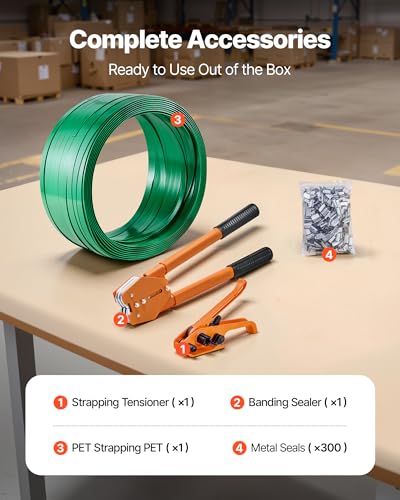 VEVOR Banding Strapping Kit, Heavy Duty Banding Sealer Tool with 1000 ft Length PET Band, 300 Metal Seals, Plastic Manual Pallet Packaging Strapping Kit for Warehouse/Shipping/Moving/Home, Orange - size: 5/8 in x 1000 ft