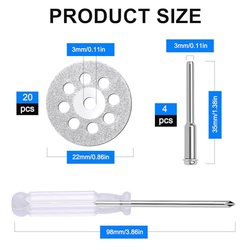 20 PCS Professional 545 Diamond Cutting Discs,Diamond Cutting Wheel Kit for Dremel Rotary Tools | 22mm Blades + 4 Mandrels & Screwdriver