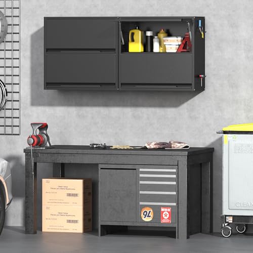 Metal Garage Wall Cabinet with Up-Flip Door, Black Float Tool Cabenit with 2 Doors,Upper Storage Cabinets with Pegboard for Kitchen,Garage,Workshop,Warehouse (25.6" H,Black) - color: Black, size: 25.6"H Wall Cabinet(2-Door)