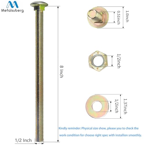 1/2" x 8" Carriage Bolt of Square Neck with Nylon Lock nut and Large Size Washer Assortment Kit by Color Galvanization,Carbon Steel,Grade 2.(4pcs Pack) by Metalsuberg - size: 1/2" x 8"