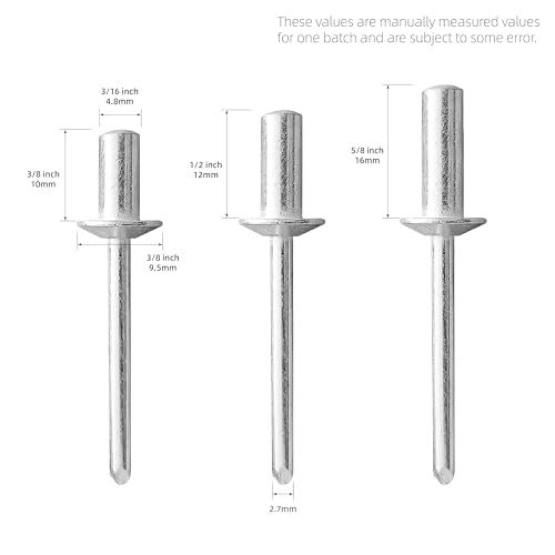 60Pcs Closed End Pop Rivets Kit, 3/16" x3/8,1/2",5/8" 3 Sizes (20 Each) - All Aluminum Dome Head, Sealed Blind Rivets (4.8x10,12,16mm) - color: All Aluminum, size: 3/16"x3/8,1/2",5/8"