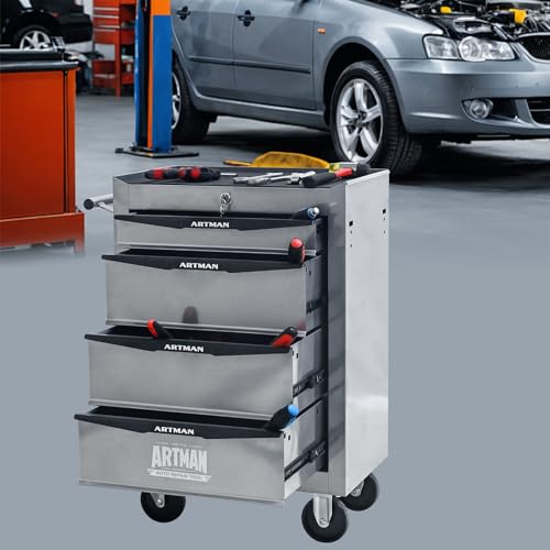 4-Drawers Steel Rolling Tool Cart with Wheels & Handle, Heavy-Duty Tool Chest Storage Cabinet for Garage and Workshop, Silver - color: Silver, size: 4-Drawer