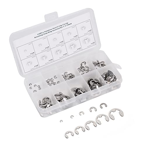 Metric E Clip Assortment, Burr Free External Retaining Rings Fastener Kit for Shaft Repair 304 Stainless Steel Silver 1.5mm to 10mm 120 Pieces