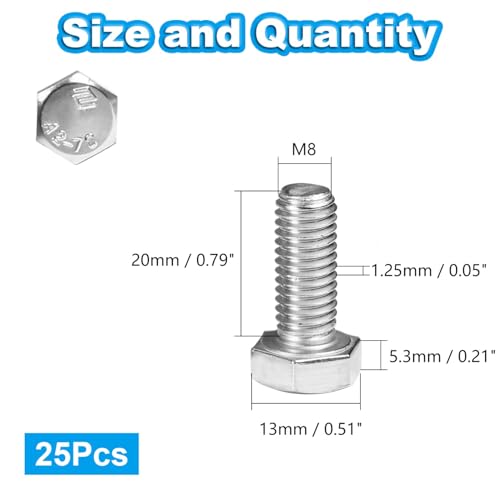 25 Pcs M8 Hex Bolts M8-1.25 x 20mm Hex Head Screw Bolt - size: M8-1.25 x 20mm