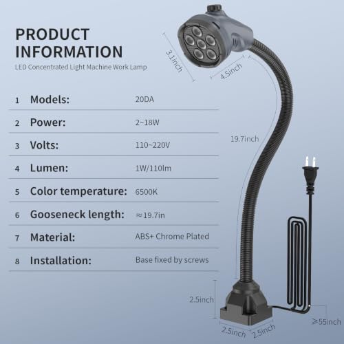 LED Work Light, Dimmable 220–1980 Lumens, Adjustable Machine Lamp 20‑Inch Flexible Gooseneck with Screw‑Mount Base – for Workshop, Lathe, Sewing, Grill, and Industrial Lighting, Gray