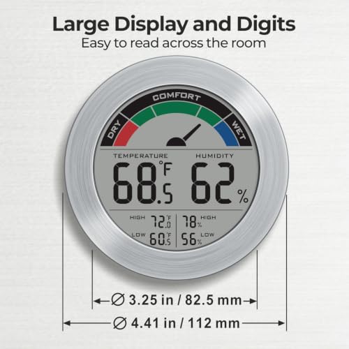 Digital Hygrometer Indoor Thermometer, Brushed Metal Frame, Silver - color: Silver Stainless