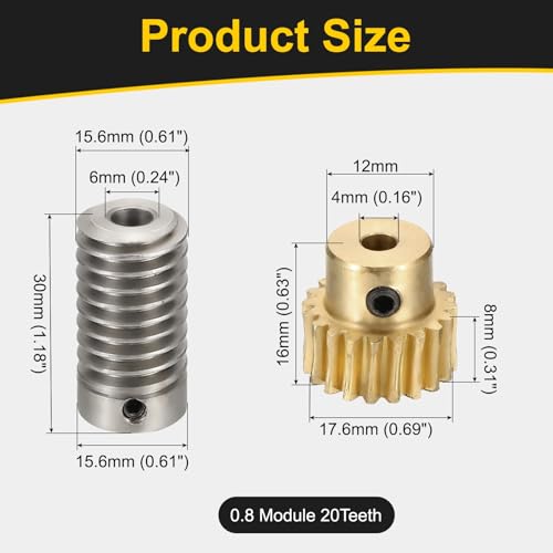 uxcell Worm Gear Set 20T 1:20 Reduction Rate1045 Steel Rod 6mm Bore - size: Gear-4mm, Rod-6mm Bore, style: 0.8M-20T