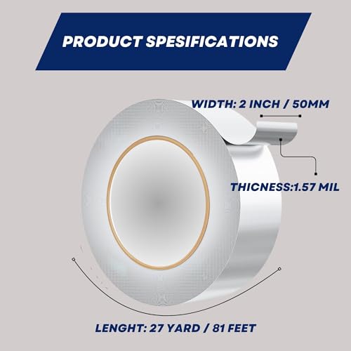 Aluminum Tape - High Temp & Waterproof Foil Tape for Ductwork & Insulation, Strong Adhesive, Heavy Duty Silver Tape, 2" x 27 Yards, Ideal for Sealing & Repairs (1.57 mil) - size: 2"inch*27 yard (1.57 mil)