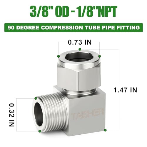 TAISHER 2PCS 304 Stainless Steel Square 90 Degree Compression Tube Pipe Fitting Connector, 3/8" Tube OD x 1/8" NPT Male Adapter - size: 3/8" OD x 1/8" MNPT