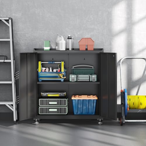 34" Metal Garage Storage Cabinet with Wheels, Adjustable Rolling Tool Storage Cabinet with Lock, Steel Locking Tool Cabinet with Doors and Shelves for Garage, Warehouse(Black) - color: Black, size: 34.3"H Tool Cabinet(2-Door)