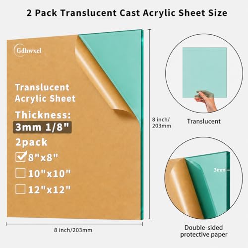 1/8 Thick 8 x 8 inch Translucent Acrylic Sheets - 2 Pack Colored Plexiglass Sheets for Creative DIY Projects Laser Cutting Engraving UV Printed Signs Crafts Badges (2, Light Blue, 8 x 8 inch) - color: Light Blue, size: 8x8 inch