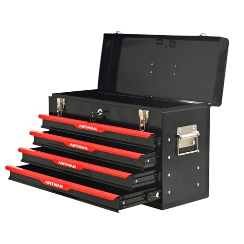 KEIKI 20-inch Steel Portable Tool Box With Drawers, Tool Storage Box Organizer With Metal Lock Closure Device for Garage, Workshop, Black - color: Black