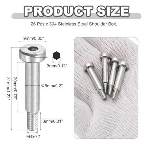 MECCANIXITY 26 Pcs 304 Stainless Steel Shoulder Bolt 5mm Shoulder Dia 20mm Shoulder Length M4x0.7 Thread Hex Socket Shoulder Bolts for Hydraulic Injection Molding Machinery Industries - size: 5mm x 20mm
