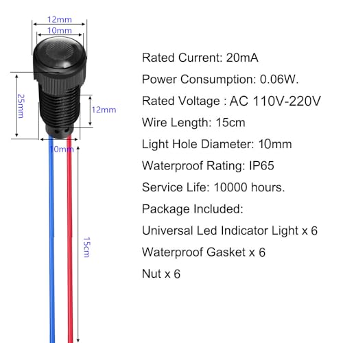 Gebildet 6pcs Red/Blue/Green LED Indicator Pilot Light 110VAC Mounting Hole Size 10mm(Flame Retardant Plastic Shell) - color: R/B/G/W 110-220V/Black shell