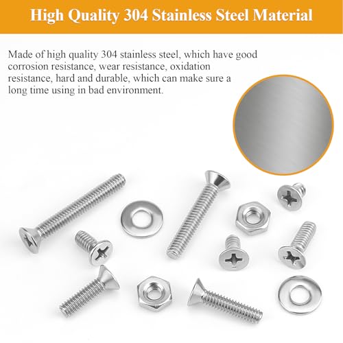 204 Pieces #8-32 x 1/4", 5/16", 3/8", 1/2", 5/8", 3/4", 1", 1-1/4", Phillips Countersunk Head Machine Screws Nuts Washers Assortment Kit - size: #8-32, style: Phillips Countersunk Head