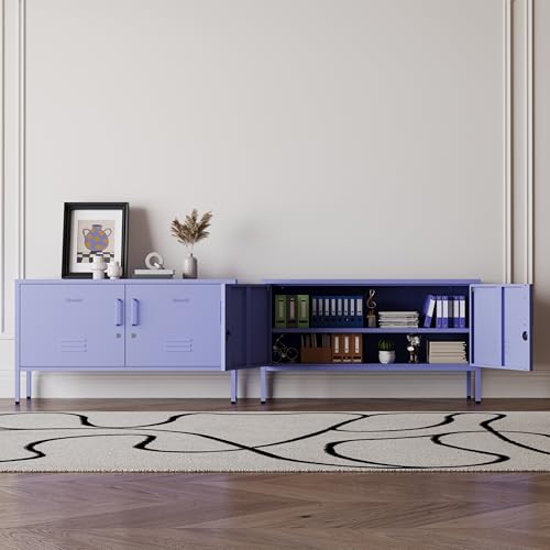 Purple Wide 2-Door Lockable Metal TV Stand with Storage Locker, Heavy Duty Multifunctional Entertainment Center with Adjustable Shelves, Storage Cabinet for Home, Bedroom, Entryway and Hallway - color: Lilac, style: TV stand-24"H-LK