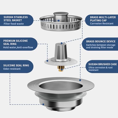 3-in-1 Kitchen Sink Drain Strainer & Sink Stopper 2 Pack - 304 Stainless Steel Sink Drain Strainer, Pop-Up Anti-Clog Design, Fits Standard 3-1/2'' Sink Drains - color: Sus304 Brushed 2pack