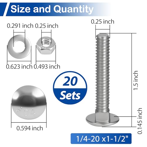 1/4-20 x 1-1/2" Carriage Bolt Kit 20 Sets, 304 Stainless Steel Coach Bolts - size: 1/4-20 x 1-1/2" (20 Sets)