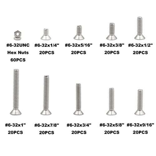 240PCS #6-32 UNC 304 SS Phillips Flat Head Machine Screws Nuts Kit - size: #6-32UNC