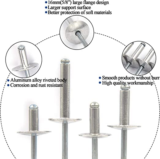 60 Pcs Large Flange Blind Rivets, Aluminum,Flange Diameter 5/8" (16 mm),Pop Rivets Assortment Kit Blind Rivet(3/16" x 1/2"/5/8"/3/4")